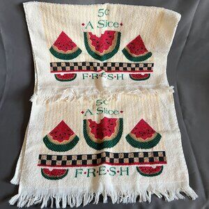 Vintage Cannon Watermelon Print Kitchen Towel Set With Fringe - Fresh 5¢ A Slice